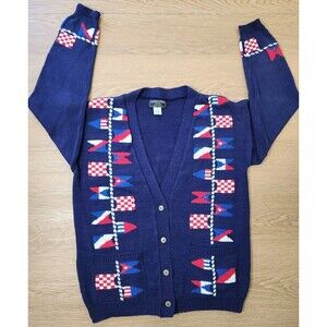 South Cotton Patriotic Cardigan Sweater M/L Hand Loomed   Vintage Red White Blue